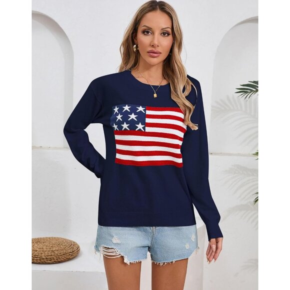Women's American Flag Sweater Lightweight Long Sleeve Crew Neck Pullover - Picture 6 of 8